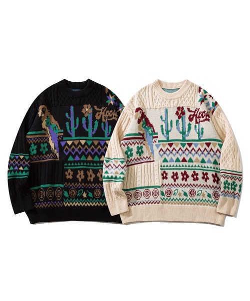 【セール】HOOK -original- 古着風 レトロ調メキシコパッチワーク模様ニット風スウェット（ニット/セーター）｜HOOK（フック）