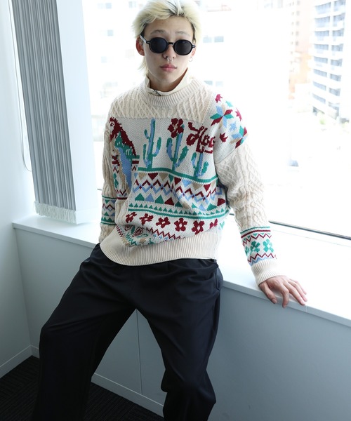 【セール】HOOK -original- 古着風 レトロ調メキシコパッチワーク模様ニット風スウェット（ニット/セーター）｜HOOK（フック）