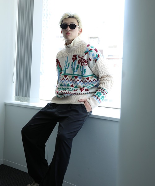 【セール】HOOK -original- 古着風 レトロ調メキシコパッチワーク模様ニット風スウェット（ニット/セーター）｜HOOK（フック）