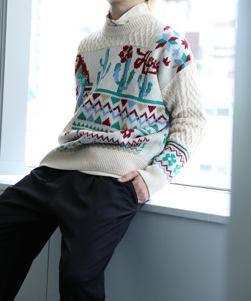【セール】HOOK -original- 古着風 レトロ調メキシコパッチワーク模様ニット風スウェット（ニット/セーター）｜HOOK（フック）