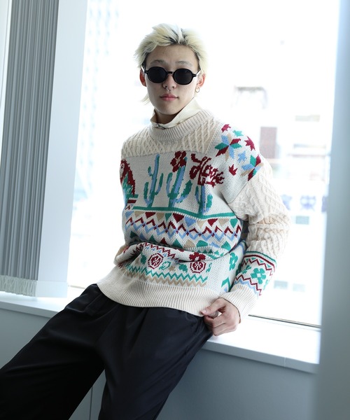 【セール】HOOK -original- 古着風 レトロ調メキシコパッチワーク模様ニット風スウェット（ニット/セーター）｜HOOK（フック）