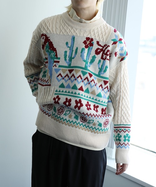 【セール】HOOK -original- 古着風 レトロ調メキシコパッチワーク模様ニット風スウェット（ニット/セーター）｜HOOK（フック）