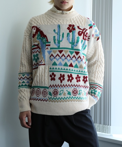 【セール】HOOK -original- 古着風 レトロ調メキシコパッチワーク模様ニット風スウェット（ニット/セーター）｜HOOK（フック）