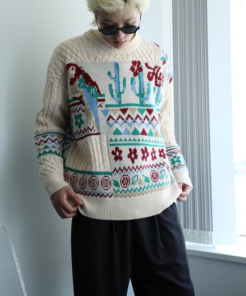 【セール】HOOK -original- 古着風 レトロ調メキシコパッチワーク模様ニット風スウェット（ニット/セーター）｜HOOK（フック）