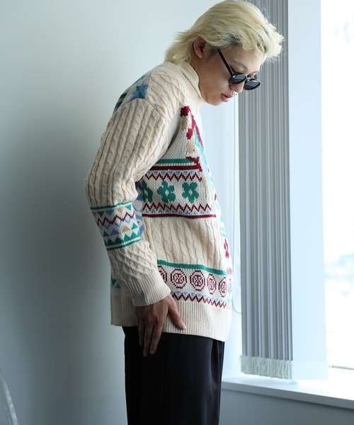 【セール】HOOK -original- 古着風 レトロ調メキシコパッチワーク模様ニット風スウェット（ニット/セーター）｜HOOK（フック）