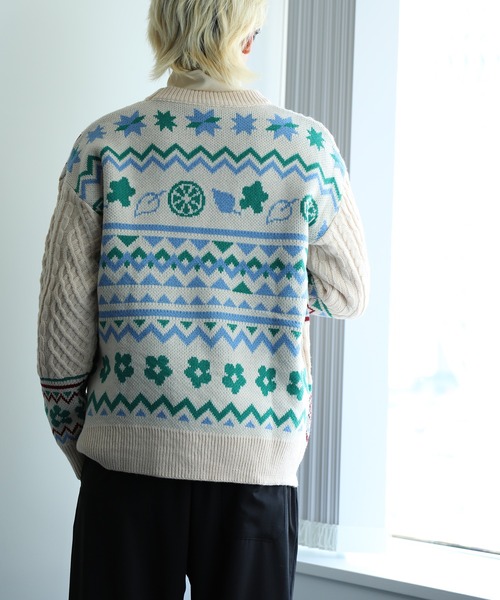 【セール】HOOK -original- 古着風 レトロ調メキシコパッチワーク模様ニット風スウェット（ニット/セーター）｜HOOK（フック）