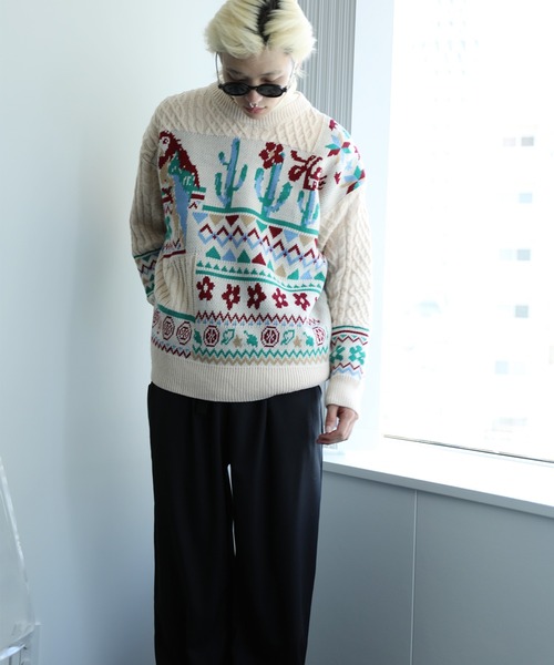 【セール】HOOK -original- 古着風 レトロ調メキシコパッチワーク模様ニット風スウェット（ニット/セーター）｜HOOK（フック）