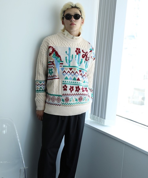 【セール】HOOK -original- 古着風 レトロ調メキシコパッチワーク模様ニット風スウェット（ニット/セーター）｜HOOK（フック）