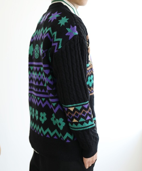 【セール】HOOK -original- 古着風 レトロ調メキシコパッチワーク模様ニット風スウェット（ニット/セーター）｜HOOK（フック）