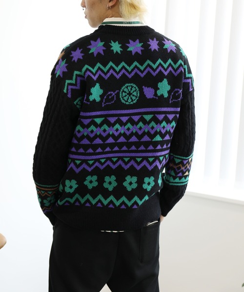 【セール】HOOK -original- 古着風 レトロ調メキシコパッチワーク模様ニット風スウェット（ニット/セーター）｜HOOK（フック）