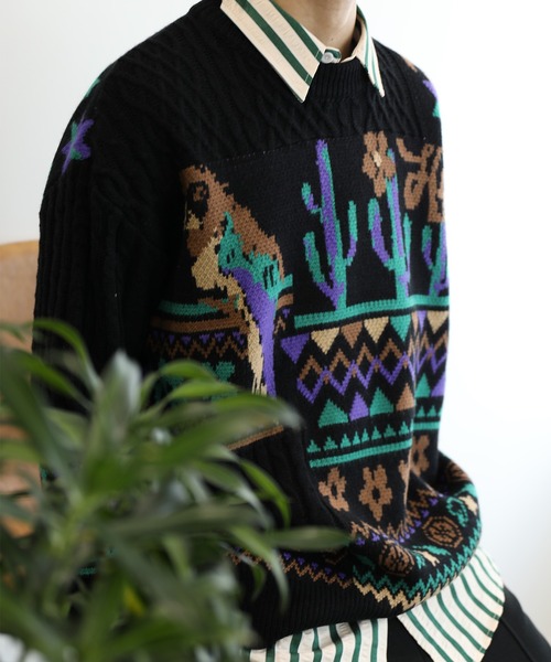【セール】HOOK -original- 古着風 レトロ調メキシコパッチワーク模様ニット風スウェット（ニット/セーター）｜HOOK（フック）