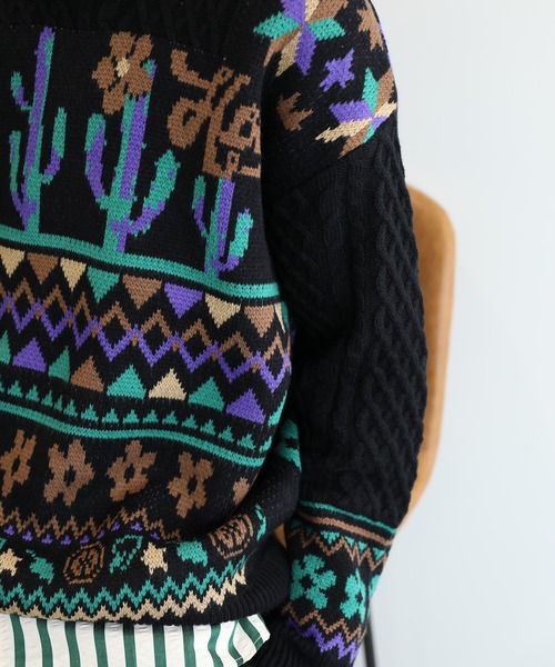 【セール】HOOK -original- 古着風 レトロ調メキシコパッチワーク模様ニット風スウェット（ニット/セーター）｜HOOK（フック）