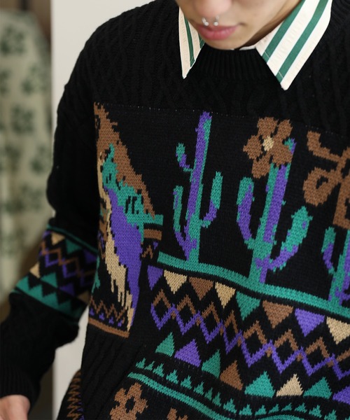【セール】HOOK -original- 古着風 レトロ調メキシコパッチワーク模様ニット風スウェット（ニット/セーター）｜HOOK（フック）