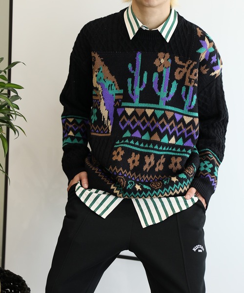 【セール】HOOK -original- 古着風 レトロ調メキシコパッチワーク模様ニット風スウェット（ニット/セーター）｜HOOK（フック）