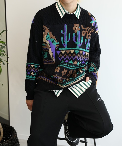 【セール】HOOK -original- 古着風 レトロ調メキシコパッチワーク模様ニット風スウェット（ニット/セーター）｜HOOK（フック）