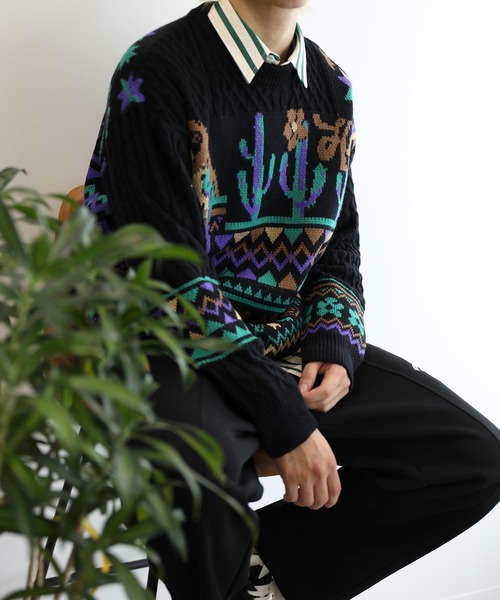 【セール】HOOK -original- 古着風 レトロ調メキシコパッチワーク模様ニット風スウェット（ニット/セーター）｜HOOK（フック）