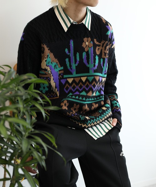 【セール】HOOK -original- 古着風 レトロ調メキシコパッチワーク模様ニット風スウェット（ニット/セーター）｜HOOK（フック）
