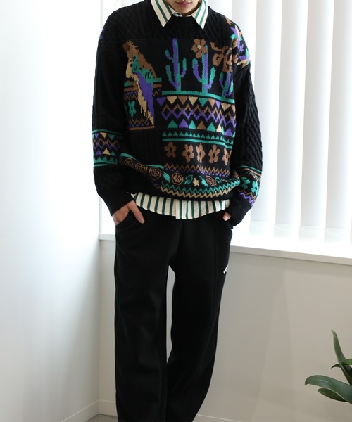 【セール】HOOK -original- 古着風 レトロ調メキシコパッチワーク模様ニット風スウェット（ニット/セーター）｜HOOK（フック）