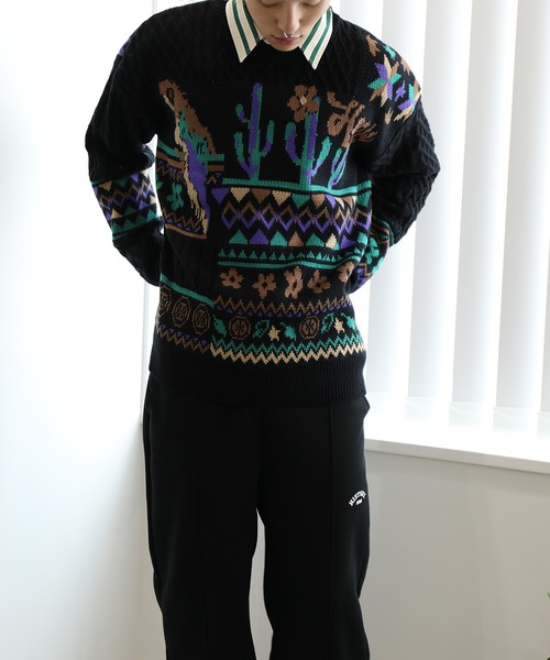 【セール】HOOK -original- 古着風 レトロ調メキシコパッチワーク模様ニット風スウェット（ニット/セーター）｜HOOK（フック）