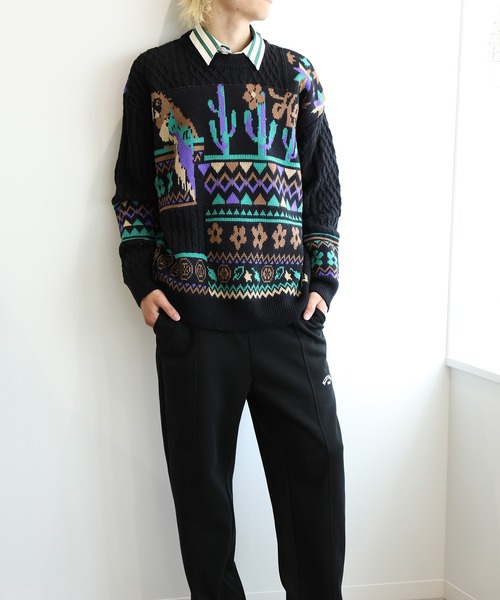 【セール】HOOK -original- 古着風 レトロ調メキシコパッチワーク模様ニット風スウェット（ニット/セーター）｜HOOK（フック）
