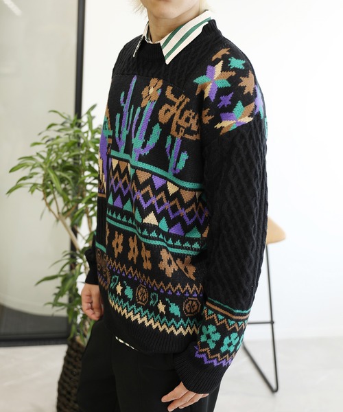 【セール】HOOK -original- 古着風 レトロ調メキシコパッチワーク模様ニット風スウェット（ニット/セーター）｜HOOK（フック）