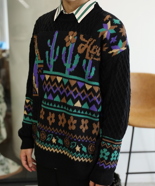 【セール】HOOK -original- 古着風 レトロ調メキシコパッチワーク模様ニット風スウェット（ニット/セーター）｜HOOK（フック）
