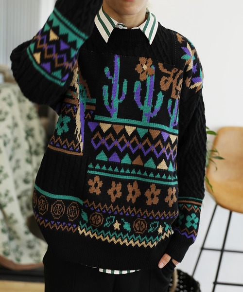 【セール】HOOK -original- 古着風 レトロ調メキシコパッチワーク模様ニット風スウェット（ニット/セーター）｜HOOK（フック）