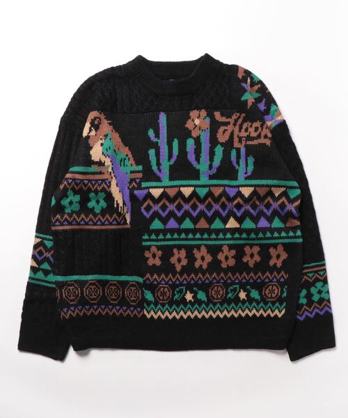 【セール】HOOK -original- 古着風 レトロ調メキシコパッチワーク模様ニット風スウェット（ニット/セーター）｜HOOK（フック）