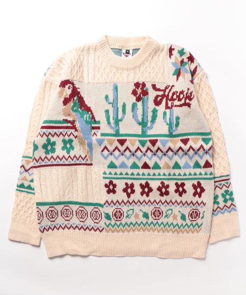 【セール】HOOK -original- 古着風 レトロ調メキシコパッチワーク模様ニット風スウェット（ニット/セーター）｜HOOK（フック）
