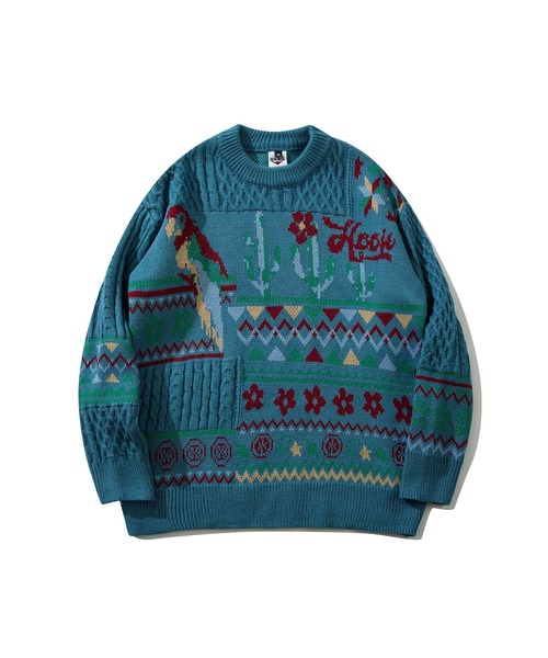 【セール】HOOK -original- 古着風 レトロ調メキシコパッチワーク模様ニット風スウェット（ニット/セーター）｜HOOK（フック）