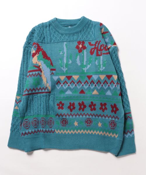 【セール】HOOK -original- 古着風 レトロ調メキシコパッチワーク模様ニット風スウェット（ニット/セーター）｜HOOK（フック）