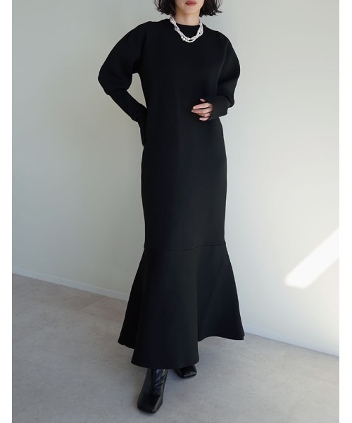 低身長サイズ有]ミラノリブパフスリーブスポンジニットマーメイド