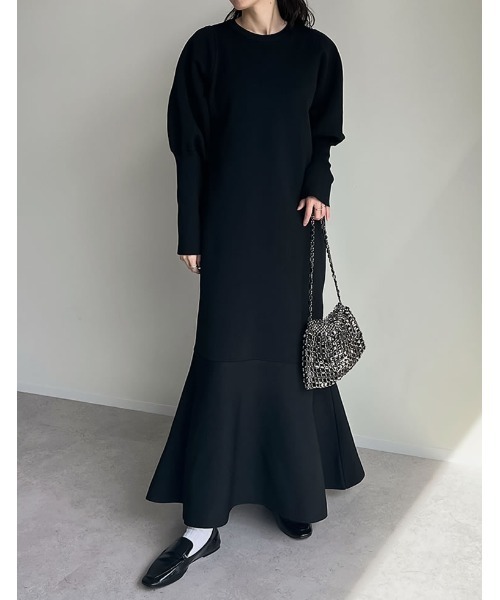 美品　maison de soil パフスリーブワンピース　サイズM ブラック 低身長サイズ有]ミラノリブパフスリーブスポンジニットマーメイド