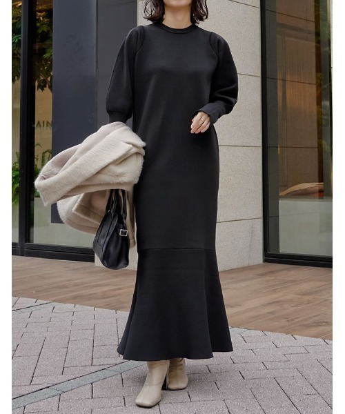 低身長サイズ有]ミラノリブパフスリーブスポンジニットマーメイド