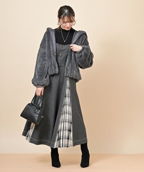 限定値下げ　Alley by wcloset エコレザー配色切り替えスタジャン チェック切替配色ステッチジャンドレ（ジャンパースカート