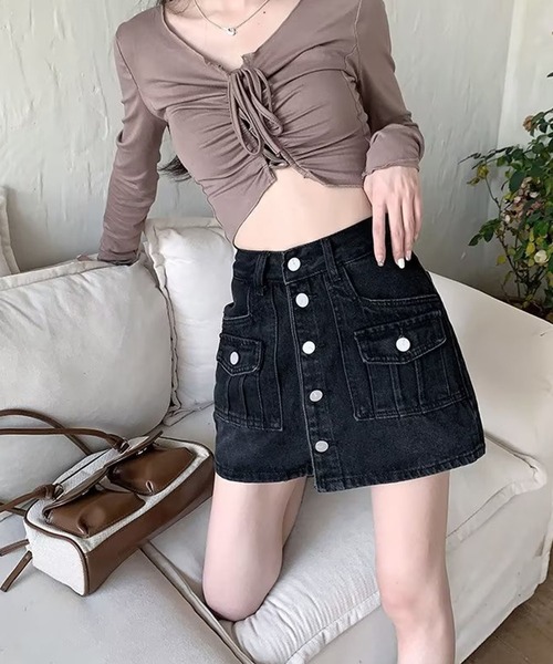 meJane（ミージェーン）の「ボタンフライデニムスカパン（デニムスカート・レディース・ブラック/ブルー・M/L/S）」の5枚目の写真