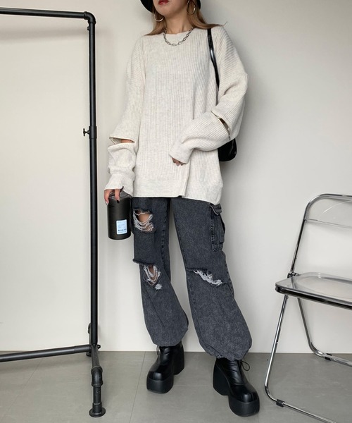 non-hedge(ノンヘッジ)の「袖ジップニットチュニック(ニット/セーター・レディース・モカ/オフホワイト/グレー/ブラック・FREE)」の5枚目の写真