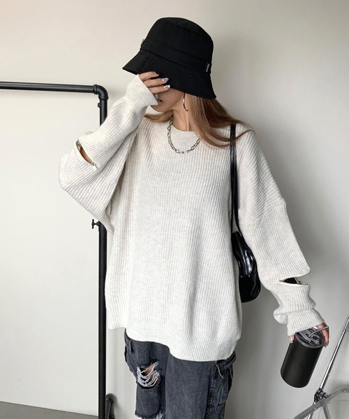 non-hedge(ノンヘッジ)の「袖ジップニットチュニック(ニット/セーター・レディース・モカ/オフホワイト/グレー/ブラック・FREE)」の6枚目の写真