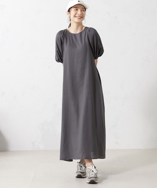 FOUND GOOD(ファウンドグッド)の「麻レーヨンパフスリーブワンピース(ワンピース・レディース・ブラック/ベージュ/グレー系8/ピンク系5・S/M/L)」の2枚目の写真