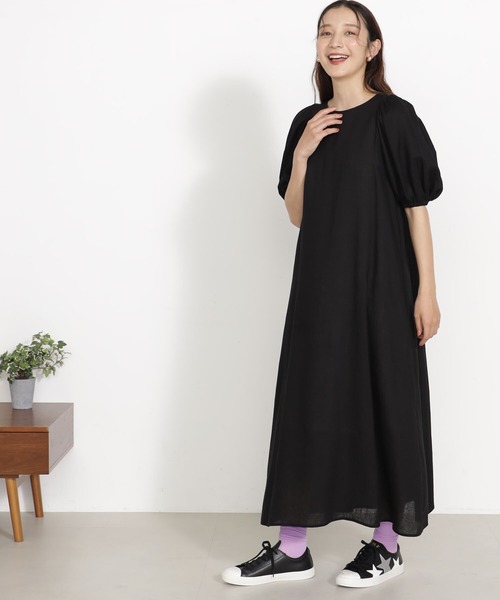 FOUND GOOD(ファウンドグッド)の「麻レーヨンパフスリーブワンピース(ワンピース・レディース・ブラック/ベージュ/グレー系8/ピンク系5・S/M/L)」の1枚目の写真