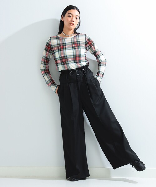 Ray BEAMS(レイビームス)の「Ray BEAMS / シアー チェック クルーネック トップス(Tシャツ/カットソー・レディース・ダークブラウン/オフホワイト・ONE SIZE)」の3枚目の写真