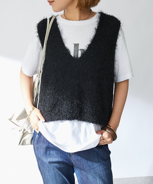 un dix cors（アンディコール）の「シャギーVベスト（ベスト・レディース・ブラック/ライトグレー・FREE）」の2枚目の写真