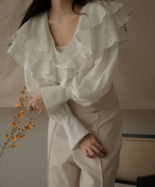 トップス mideal lace tiered blouse brown セール】lace tiered blouse / レースティアードブラウス