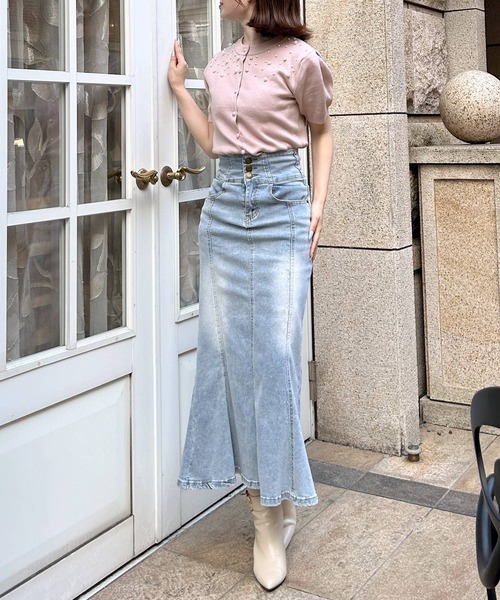 Julia Boutique（ジュリアブティック）の「パールデコ パフスリーブニットカーディガン（カーディガン/ボレロ・レディース・グレー/オフホワイト/ブラック/ピンク・ONE）」の7枚目の写真