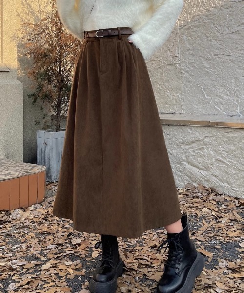 セール】ベルト付き コーデュロイ ロング丈スカート（スカート