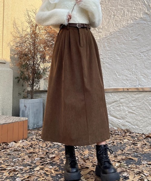 セール】ベルト付き コーデュロイ ロング丈スカート（スカート