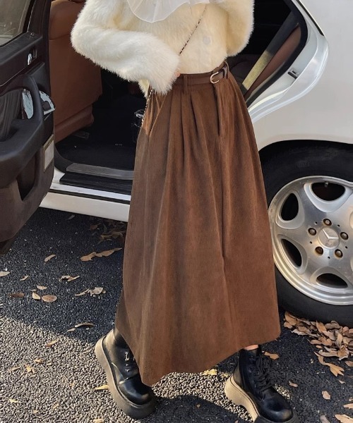 セール】ベルト付き コーデュロイ ロング丈スカート（スカート