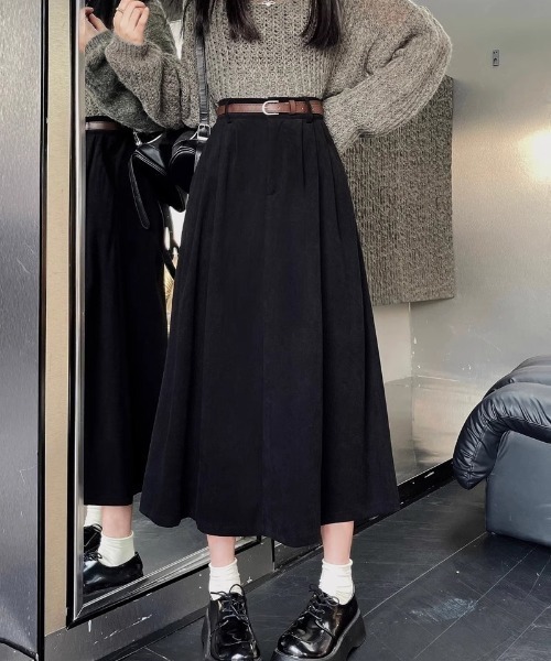 セール】ベルト付き コーデュロイ ロング丈スカート（スカート