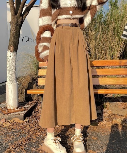 セール】ベルト付き コーデュロイ ロング丈スカート（スカート
