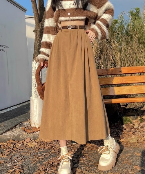 セール】ベルト付き コーデュロイ ロング丈スカート（スカート